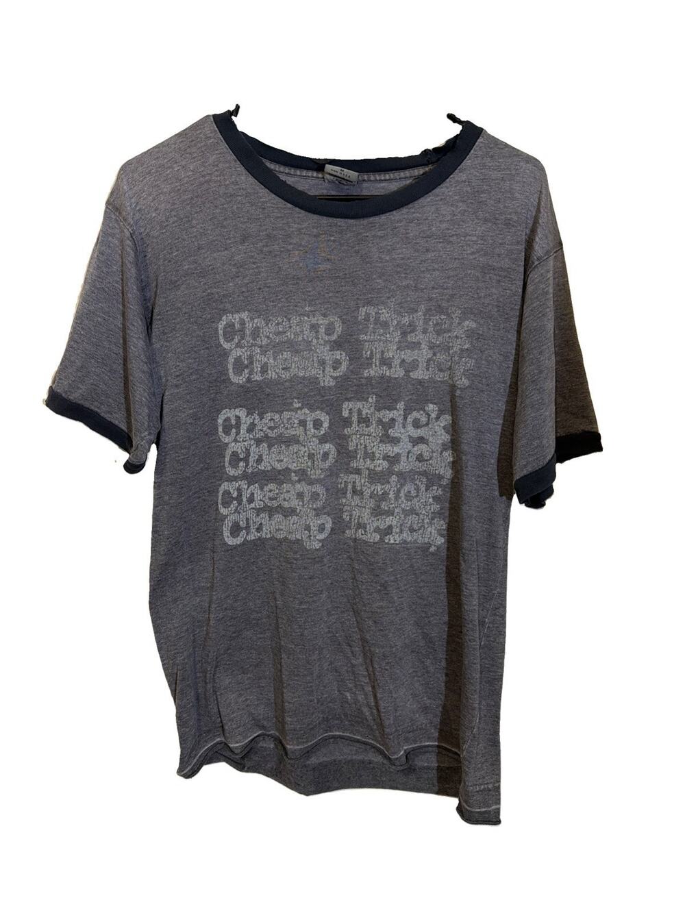 2004 Cheap Trick Ringer Tee Charcoal Gray W Black Made In USA M T-Shirt Distress